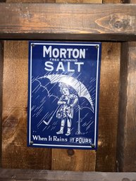 Tin Sign Morton Salt When It Rains Girl Kitchen Blue Rustic Wall Decor