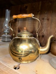 Vintage Brass Tea Pot Kettle With Wooden Handle