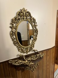 Vintage Gold Oval Mirror With Shelf & 2 Wall Sconces