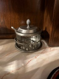 Vintage Pewter? And Glass Sugar Bowl With Spoon