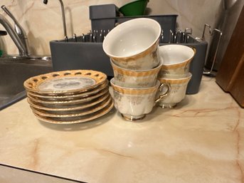 Vintage Tea Cup Saucer Set Porcelain Textured Carnival Glass