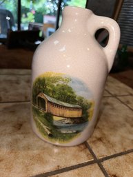 Vintage Folk Art Hand Painted Porcelain Jug Landscape Barn Farmhouse