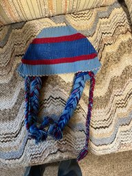 Wool Knit Hat Blue Red Braided Tassels