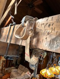 Primitive Vintage Wood Horse Stirrups With Leather & Buckle