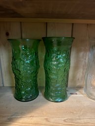 Set Of 1960s E.O. Brody Co. Green Crinkle Glass Vase