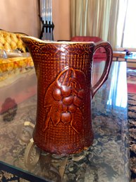 Antique Hull Salt Glaze Stoneware Waffle Cherry Pattern Pitcher ~ Brown