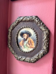 Antique Enamel Hand Painted Wall Plaque Sculpted Frame