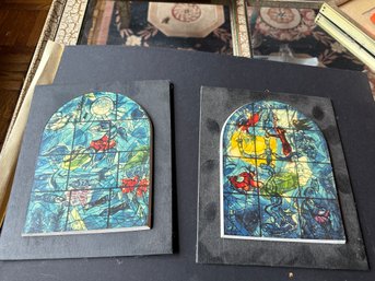 Vintage Marc Chagall Wooden Stained Glass Window Wall Decor Set Of 2