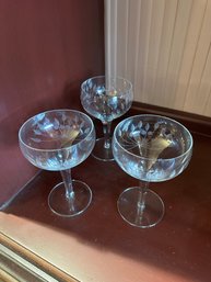 Set Of 3 Etched Coupe Champagne Glasses Grape Vine Pattern