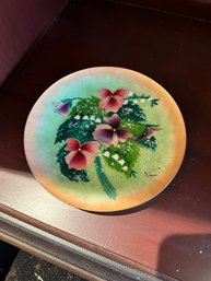 Vintage Enamel Green With Pink Hibiscus Flowers Plate - Signed