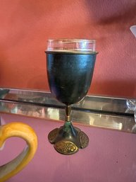 Vintage Hakuli Goblet Made In Israel Brass Teal Enamel Hebrew Jewish Cup