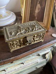 Antique Brass Bronze Jewelry Box With Carved Panels