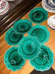 Set Of 7 Vintage Wedgwood Majolica Green Leaf Dessert Salad Plates