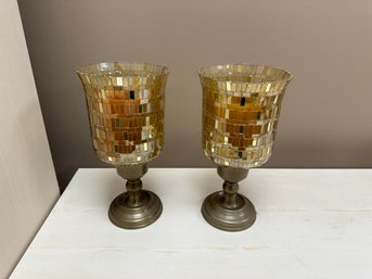 Set Of 2 Pedestal Mosaic Tealight Candle Holders