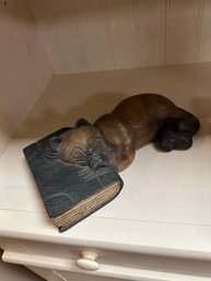 Wood Carved Cat With Head Resting On Book