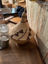 Small African Woven Basket With Pointed Lid