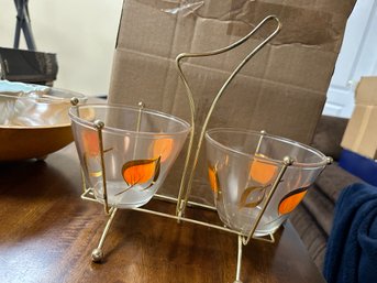 Glass Gold Leaf 2-Part Condiment Set With Gold-Toned Metal Stand