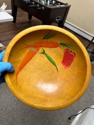 Vintage Farmhouse Footed Wood Bowl With Painted Vegetables