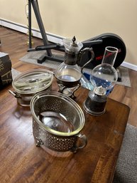 Vintage Casserole, Mappin & Webb Silver Plate Basket, FB Rogers Tea Pot, Antique Pewter Oil Lamp