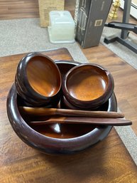 Vintage Wooden Salad Bowl Set - 1 Large Bowl, 4 Small Bowls, Spoon & Fork