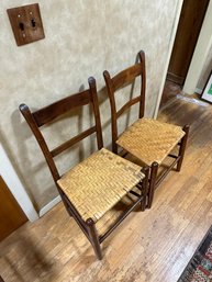 Pair Of Antique Oak Ladderback Splint Dining Chairs