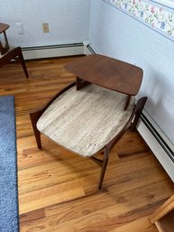 Sculptural 1970s Walnut Travertine Tops Step Side End Tables Singer Sons #2 MCM Mid Century Modern