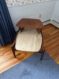 Sculptural 1970s Walnut Travertine Tops Step Side End Tables Singer Sons #1 MCM Mid Century Modern