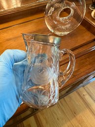 Antique Etched Glass Syrup Pitcher With Hinged Lid Pat.