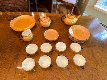 Stunning 25 Piece Set Of Orange Tea Cups, Sugar Owl, With Cream Pitcher LHS