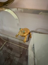 Metal Gold Colored Frog With Blue Jeweled Eyes