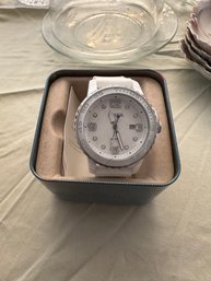 Fossil White Ceramic Case Silicone Band Wrist Watch With Case