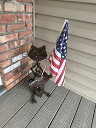 Metal Rusty Cat Porch Sitter Welcome Sign Lawn Statue With American Flag