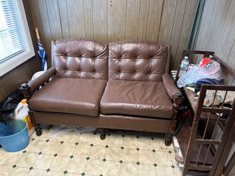 Brown Leather Mid-Century Spanish Revival Settee Sofa