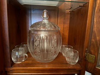 Vintage Cut Crystal LARGE Punch Bowl OR Cookie Jar With 6 Mug