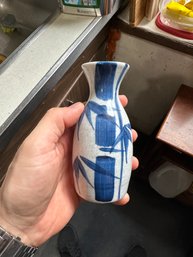 Vintage Japanese Stoneware Sake Bottle With Blue Bamboo Design