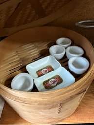 Bamboo Steamer Basket Set - Includes 5 Sauce Bowls And 2 Rectangular Sauce Bowls