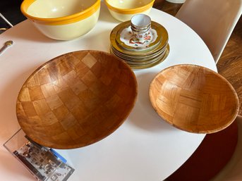 2 Pcs. Vintage Wooden Checkerboard PatchWork Oval Bowl Salad Fruit Bowl