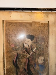 Framed Painting Of Dignitary And Servant  China, Possible Ming Dynasty Or Later Burnt On Bottom