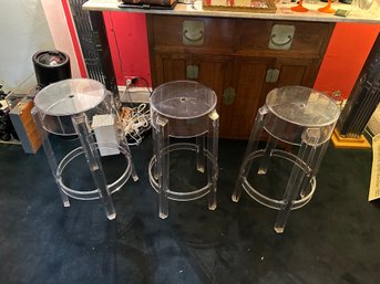 3 Pcs Charles Ghost By Kartell With Starck Clear Stools MCM Mid Century Modern