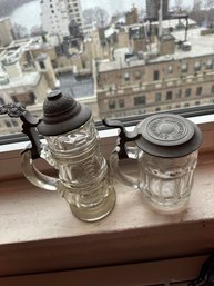 Antique Lot Of 2 Lidded Cut Glass Mug German Beer Stein Pewter Top