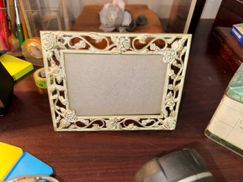 Vintage French Floral Pierced Metal Frame  White & Gold, 5' Width