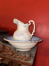 Royal V&b Vintage Pitcher With Wash Basin-Blue Floral Design And Handle On Pitcher