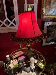 Vintage Ornate Bedside Lamp Base With Fringe Lamp Shade