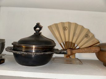 Antique Ornate Brass Chafing Dish With Lidded Insert And Wooden Handle