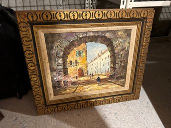 Vintage Oil Painting Artwork Russian Gate Street Scene - Signed