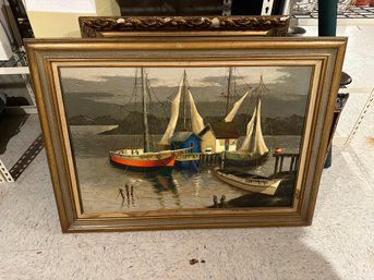 Antique Oil Painting Ships On The Shore Port - Signed Turcott