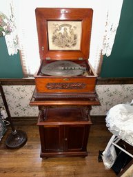 Criterion Mahogany Music Box On Stand, With Discs. Tested. Plays And Works Perfectly