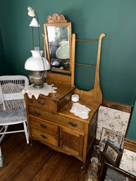 Antique Tiger Oak Dual Harp Washstand Beveled Mirror