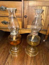 Pair Of Vintage Large Amber Oil Lamp With Chimney