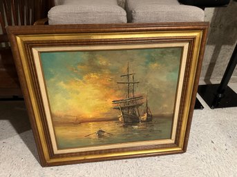 Framed Oil Painting Of Ship At Sunset - Signed